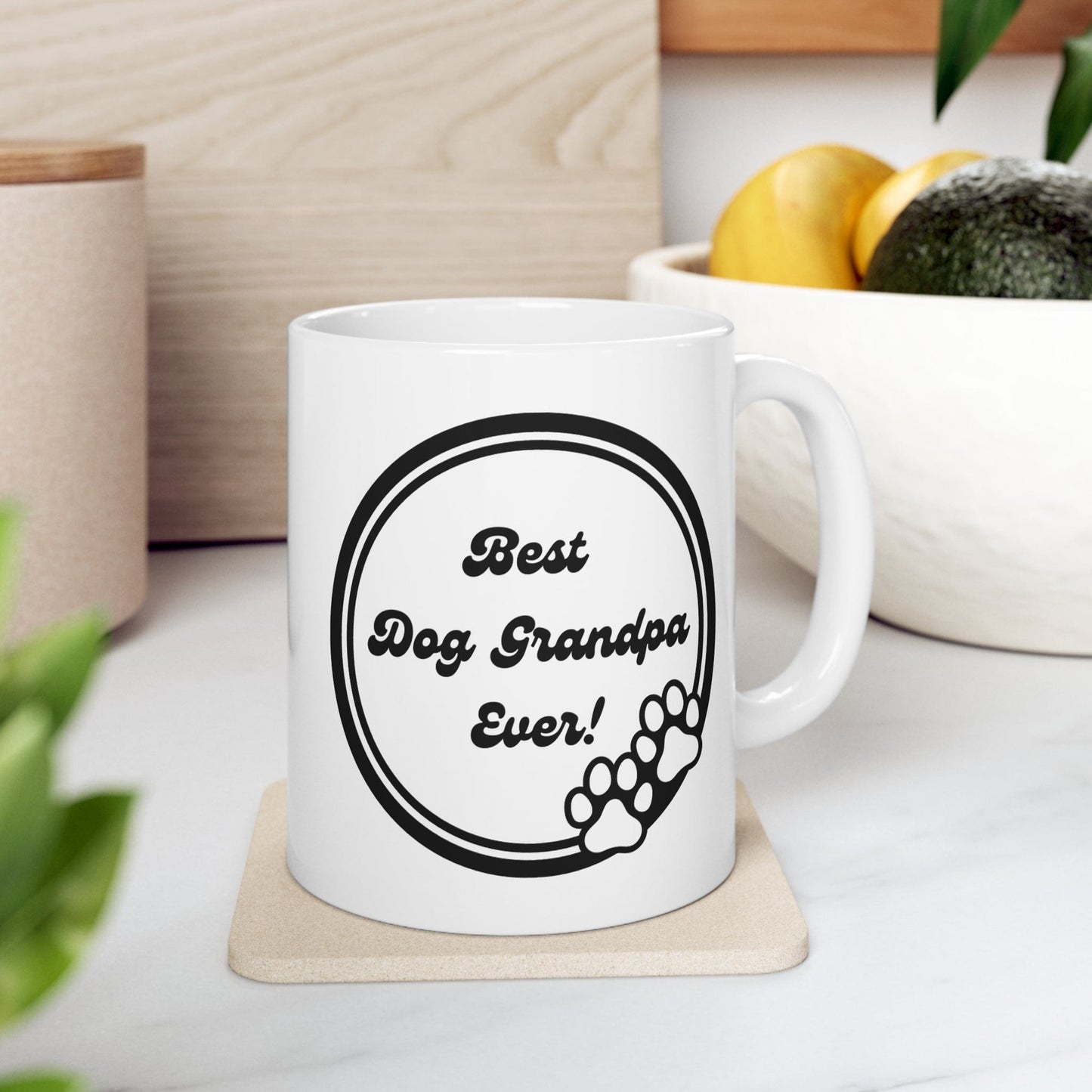 Printify Mug 11oz Best Dog Grandpa Ever 11 Oz Ceramic Mug - Perfect Gift for Dog Grandpas - Paw Prints with Classic Black and White Design
