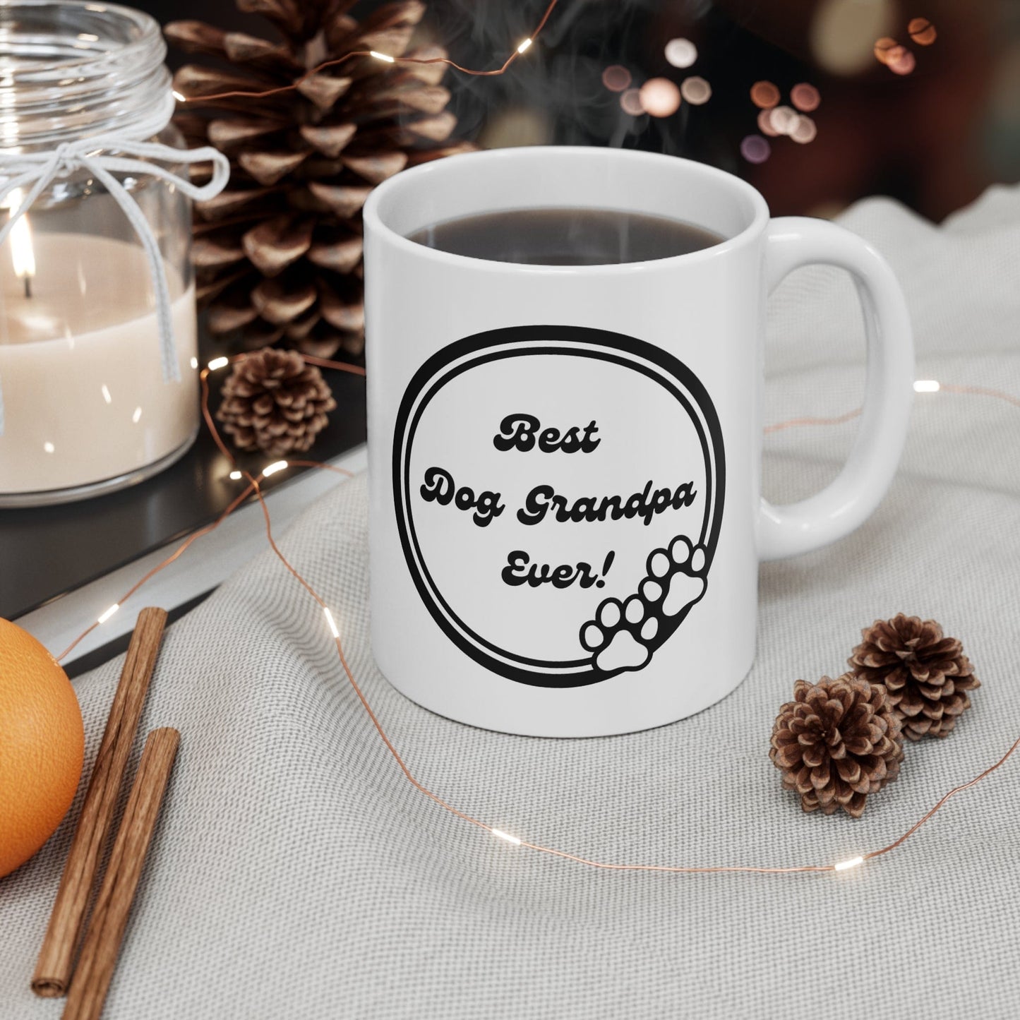 Printify Mug 11oz Best Dog Grandpa Ever 11 Oz Ceramic Mug - Perfect Gift for Dog Grandpas - Paw Prints with Classic Black and White Design