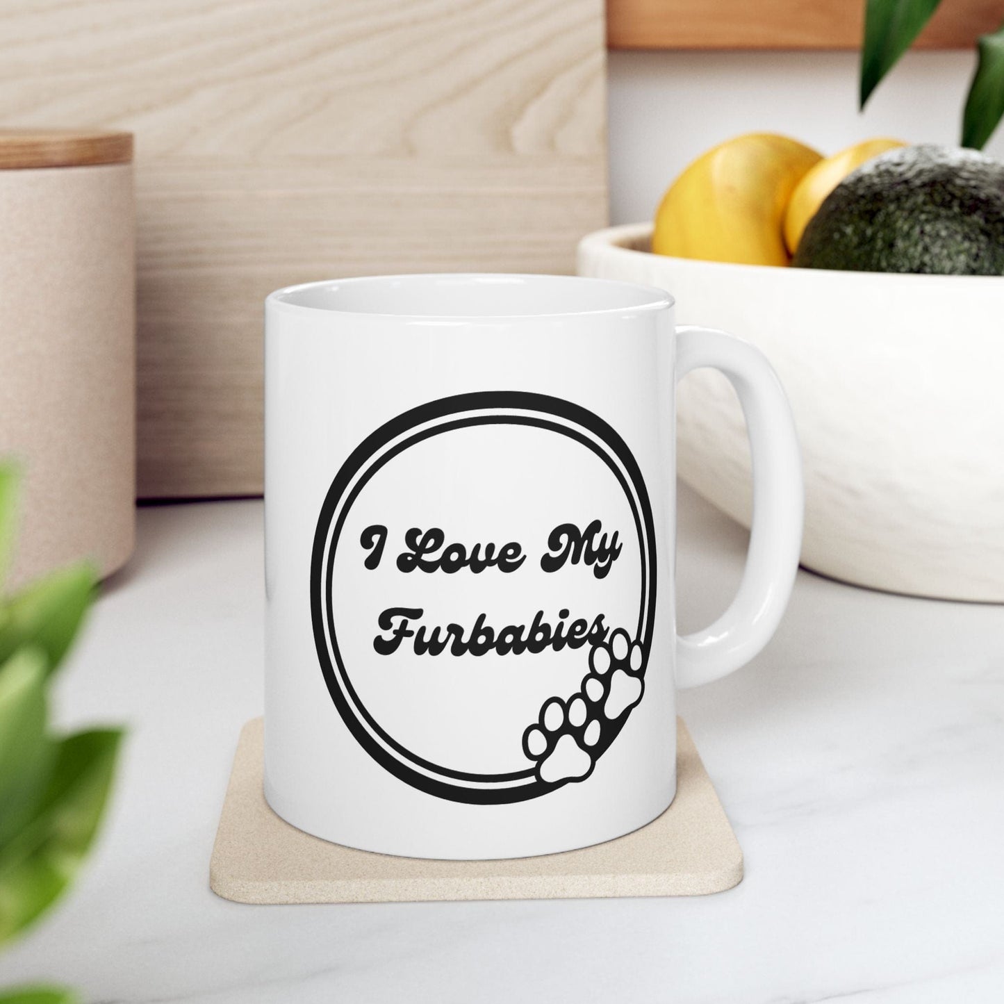 Printify Mug 11oz I Love My Furbabies 11 Oz Ceramic Mug - Perfect Gift for Dog Lovers - Paw Prints with Classic Black and White Design