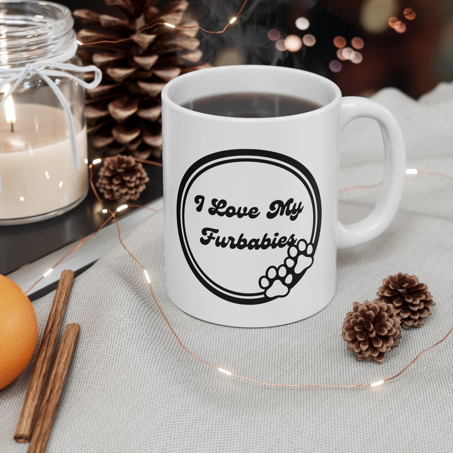Printify Mug 11oz I Love My Furbabies 11 Oz Ceramic Mug - Perfect Gift for Dog Lovers - Paw Prints with Classic Black and White Design