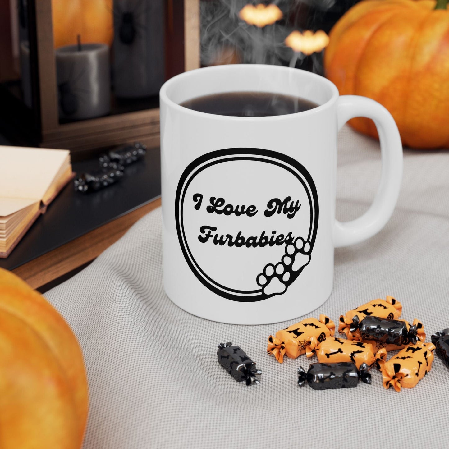 Printify Mug 11oz I Love My Furbabies 11 Oz Ceramic Mug - Perfect Gift for Dog Lovers - Paw Prints with Classic Black and White Design