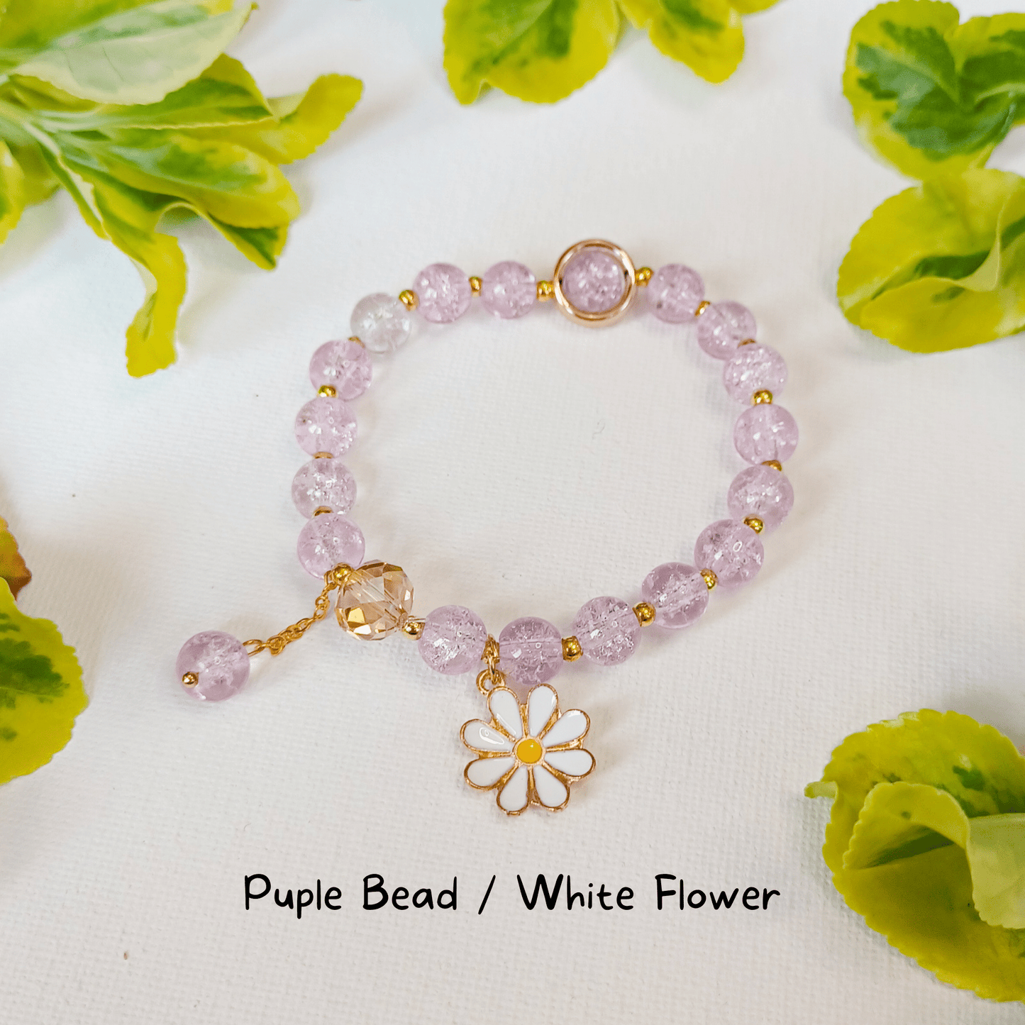 Sweet Little Duck Jewelry Purple Bead / White Flower Glass Bead and Flower Charm Bracelet -