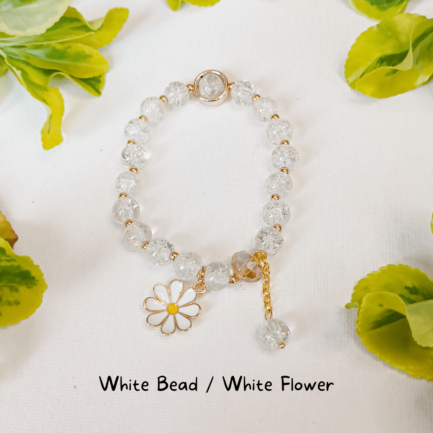 Sweet Little Duck Jewelry White Bead / White Flower Glass Bead and Flower Charm Bracelet -