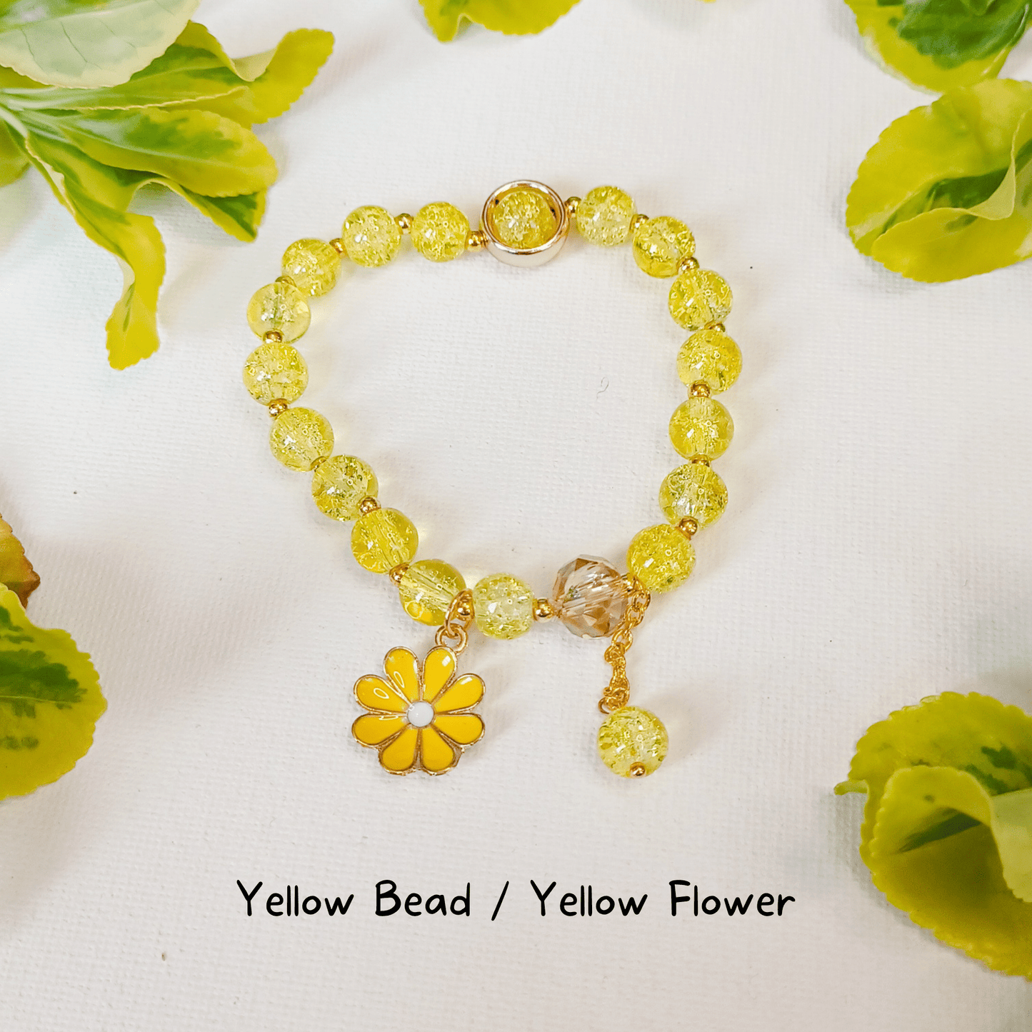 Sweet Little Duck Jewelry Yellow Bead / Yellow Flower Glass Bead and Flower Charm Bracelet -