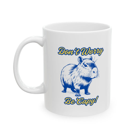 "Don't Worry, Be Capy" Capybura Custom Gift Ceramic Mug, Navy & Yellow, 11oz, 15oz.