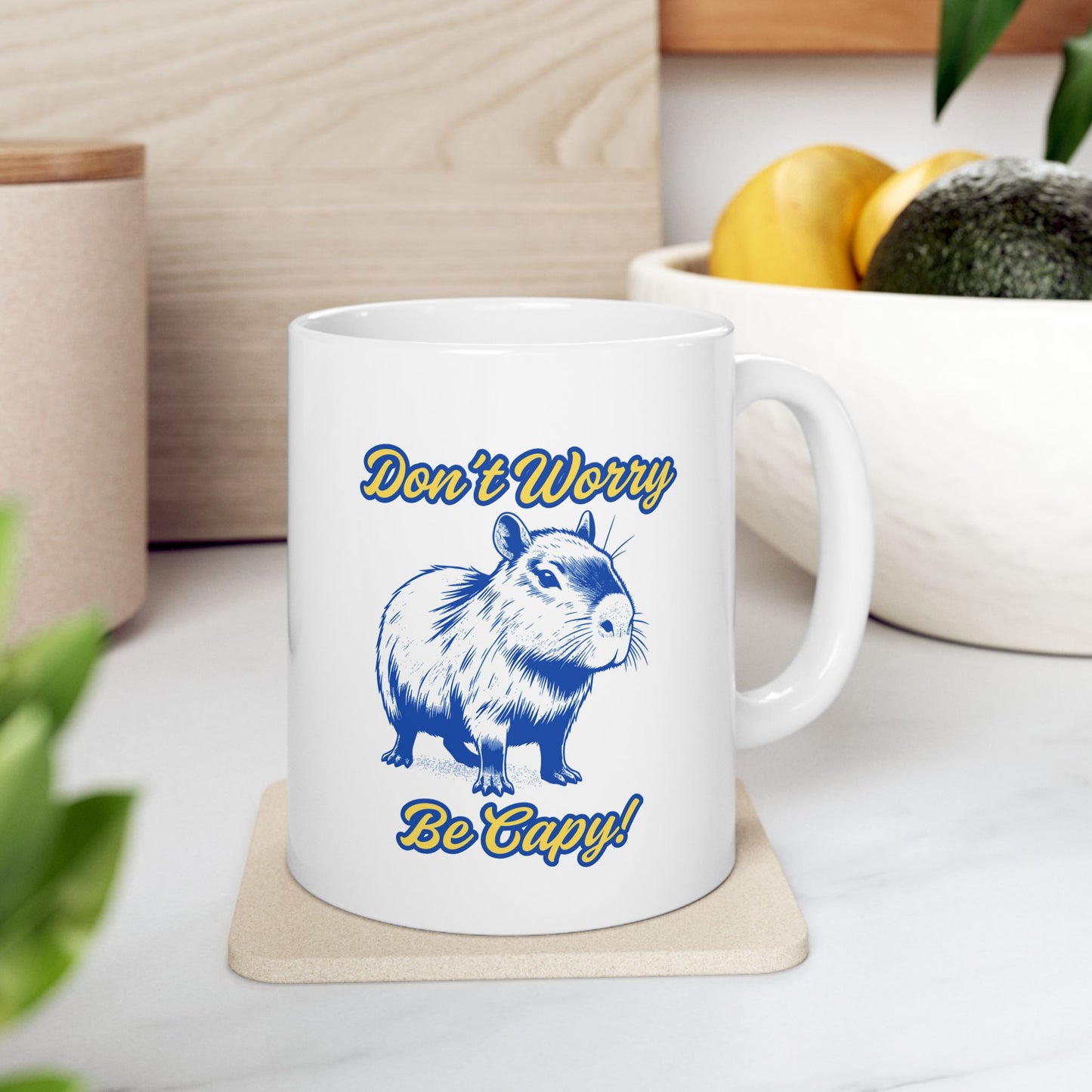 "Don't Worry, Be Capy" Capybura Custom Gift Ceramic Mug, Navy & Yellow, 11oz, 15oz.