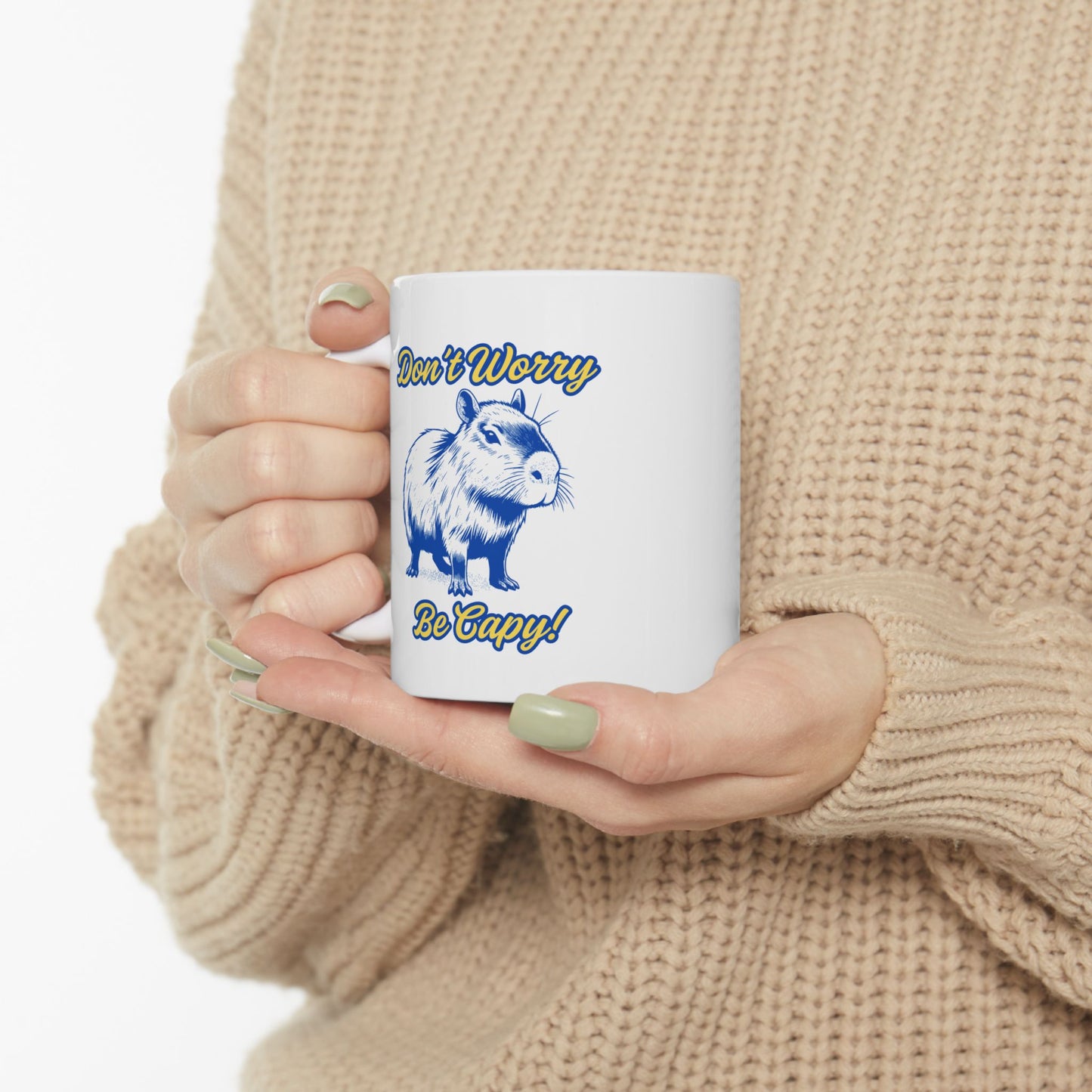 "Don't Worry, Be Capy" Capybura Custom Gift Ceramic Mug, Navy & Yellow, 11oz, 15oz.