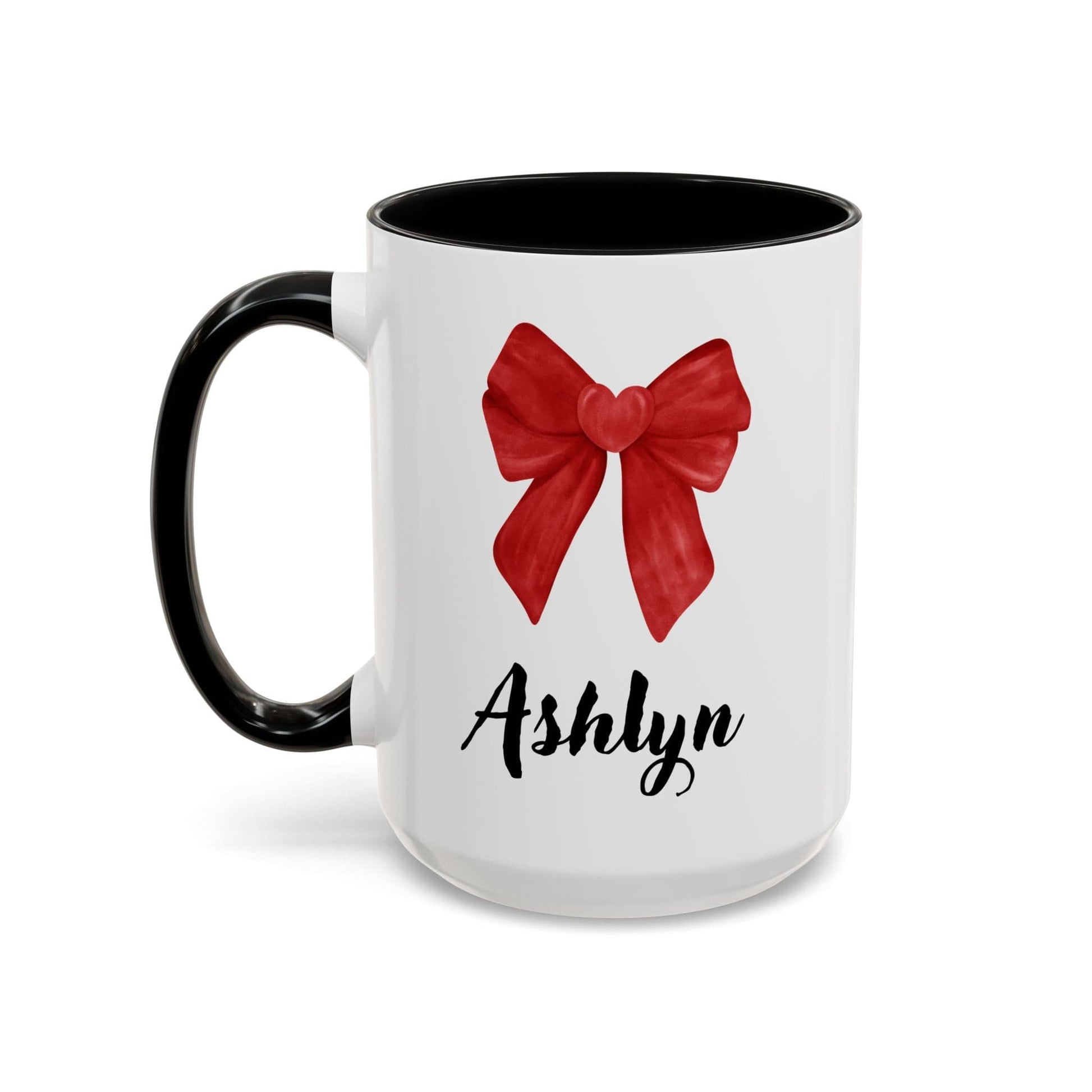 Printify Mug 11oz / Black Personalized Red Bow Gift Mug 15 Oz or 11 Oz with Accent Color Red, Black, Pink Valentine's Day Birthday Thank You Love Gift
