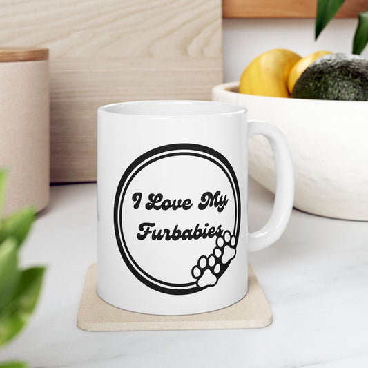 Printify Mug 11oz I Love My Furbabies 11 Oz Ceramic Mug - Perfect Gift for Dog Lovers - Paw Prints with Classic Black and White Design