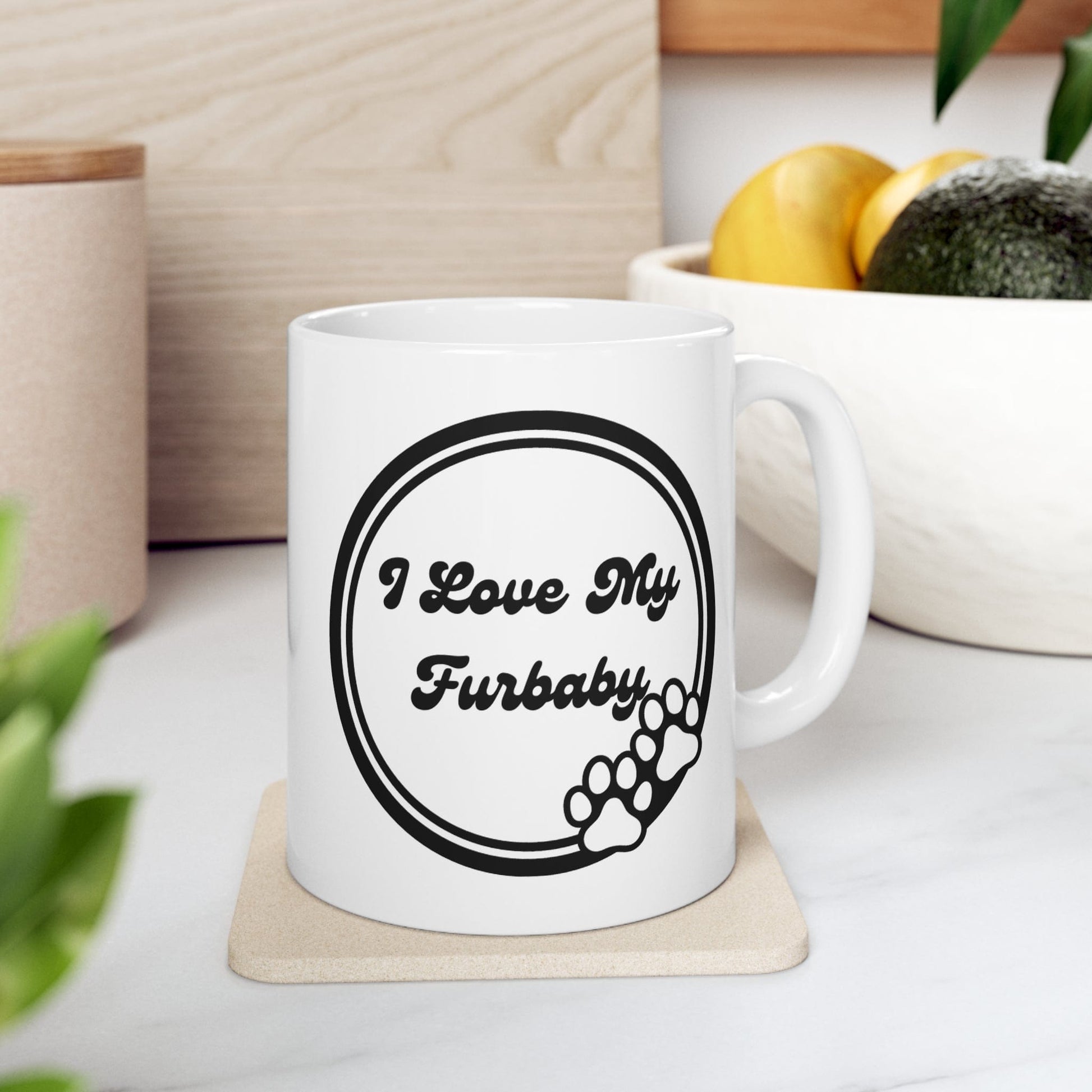 Printify Mug 11oz I Love My Furbaby 11 Oz Ceramic Mug - Perfect Gift for Dog Lovers - Paw Prints with Classic Black and White Design - Thank You - Love Dogs