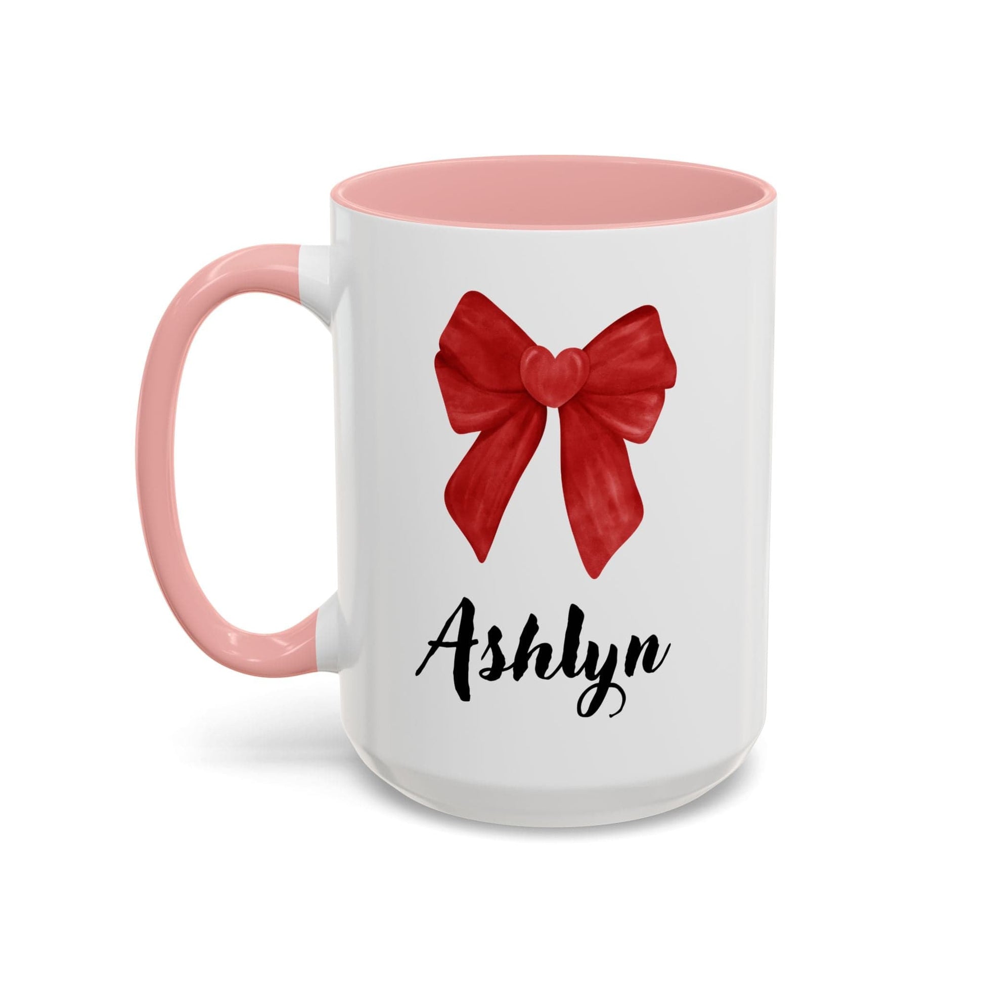 Printify Mug 11oz / Pink Personalized Red Bow Gift Mug 15 Oz or 11 Oz with Accent Color Red, Black, Pink Valentine's Day Birthday Thank You Love Gift