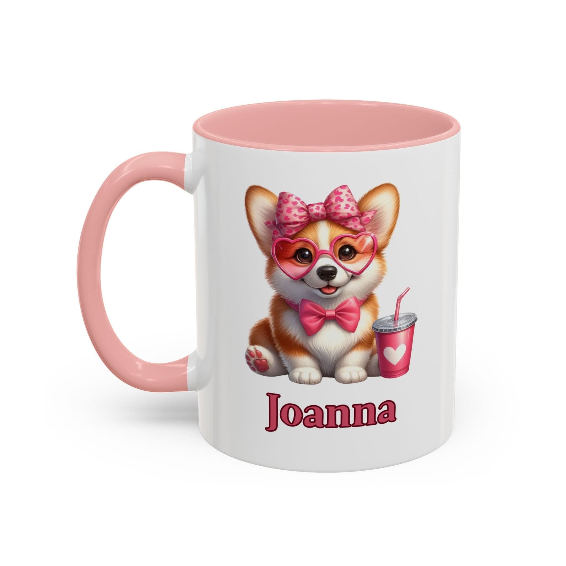 Printify Mug 11oz / Pink Sweet Heart Corgi Personalized Coffee Mug with Accent Color Black, Pink, Purple Light Blue Gift Mug Valentine's Day Birthday