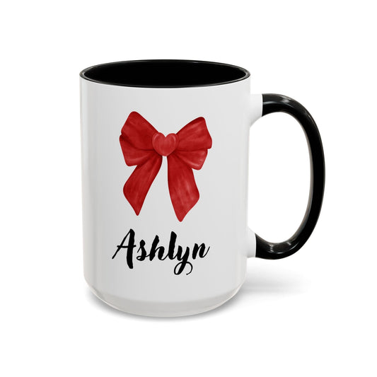 Printify Mug 15oz / Black Personalized Red Bow Gift Mug 15 Oz or 11 Oz with Accent Color Red, Black, Pink Valentine's Day Birthday Thank You Love Gift