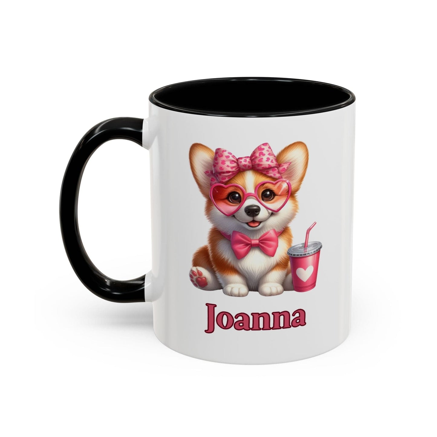 Printify Mug 15oz / Black Sweet Heart Corgi Personalized Coffee Mug with Accent Color Black, Pink, Purple Light Blue Gift Mug Valentine's Day Birthday