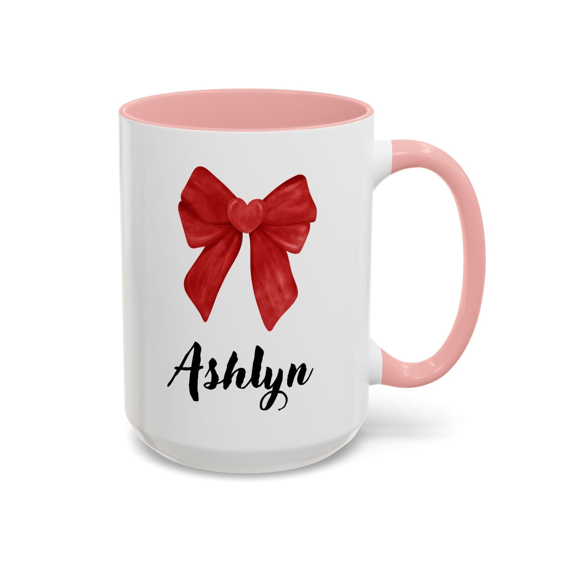 Printify Mug 15oz / Pink Personalized Red Bow Gift Mug 15 Oz or 11 Oz with Accent Color Red, Black, Pink Valentine's Day Birthday Thank You Love Gift