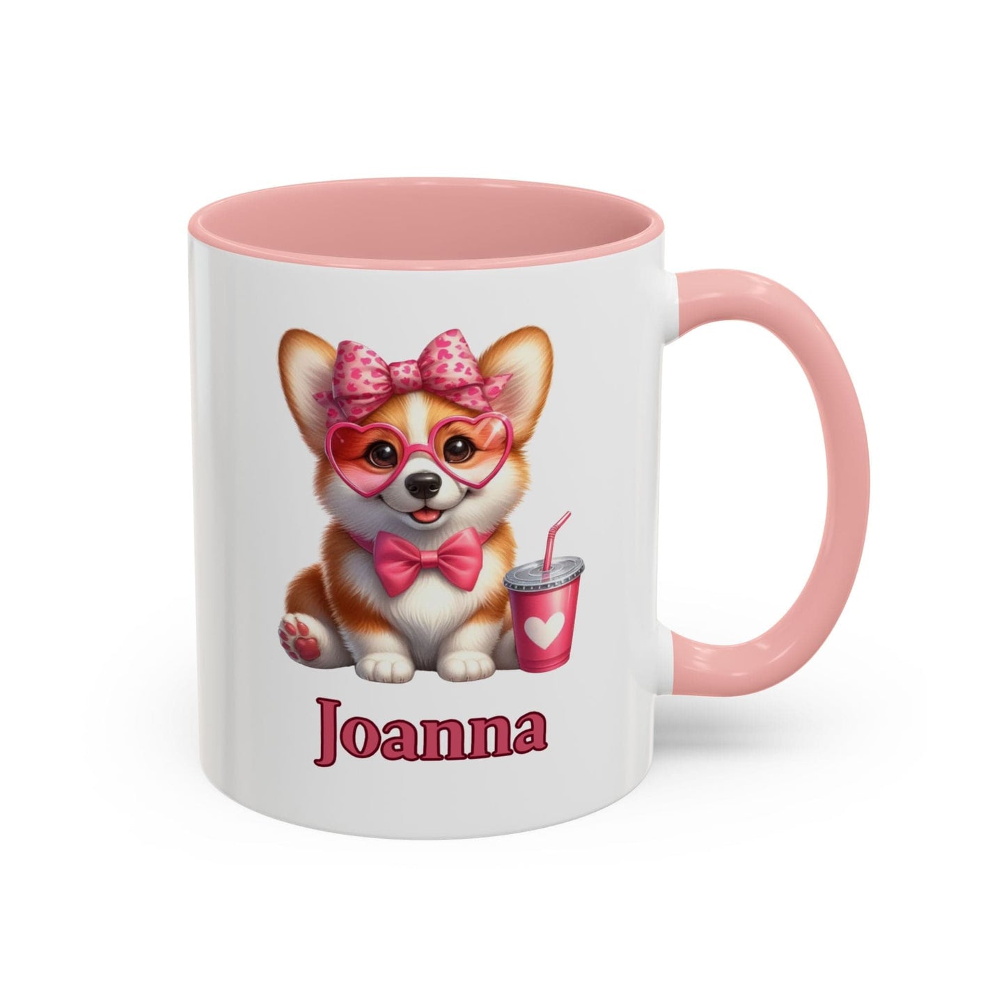 Printify Mug 15oz / Pink Sweet Heart Corgi Personalized Coffee Mug with Accent Color Black, Pink, Purple Light Blue Gift Mug Valentine's Day Birthday