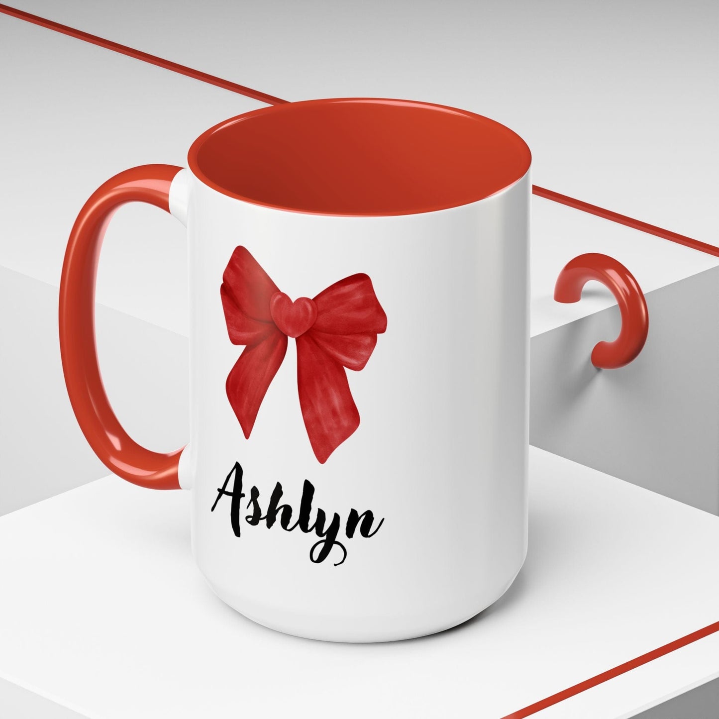 Printify Mug Personalized Red Bow Gift Mug 15 Oz or 11 Oz with Accent Color Red, Black, Pink Valentine's Day Birthday Thank You Love Gift
