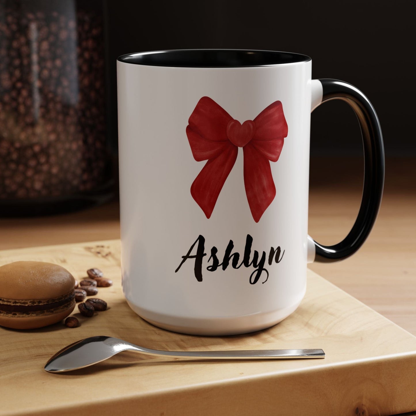 Printify Mug Personalized Red Bow Gift Mug 15 Oz or 11 Oz with Accent Color Red, Black, Pink Valentine's Day Birthday Thank You Love Gift