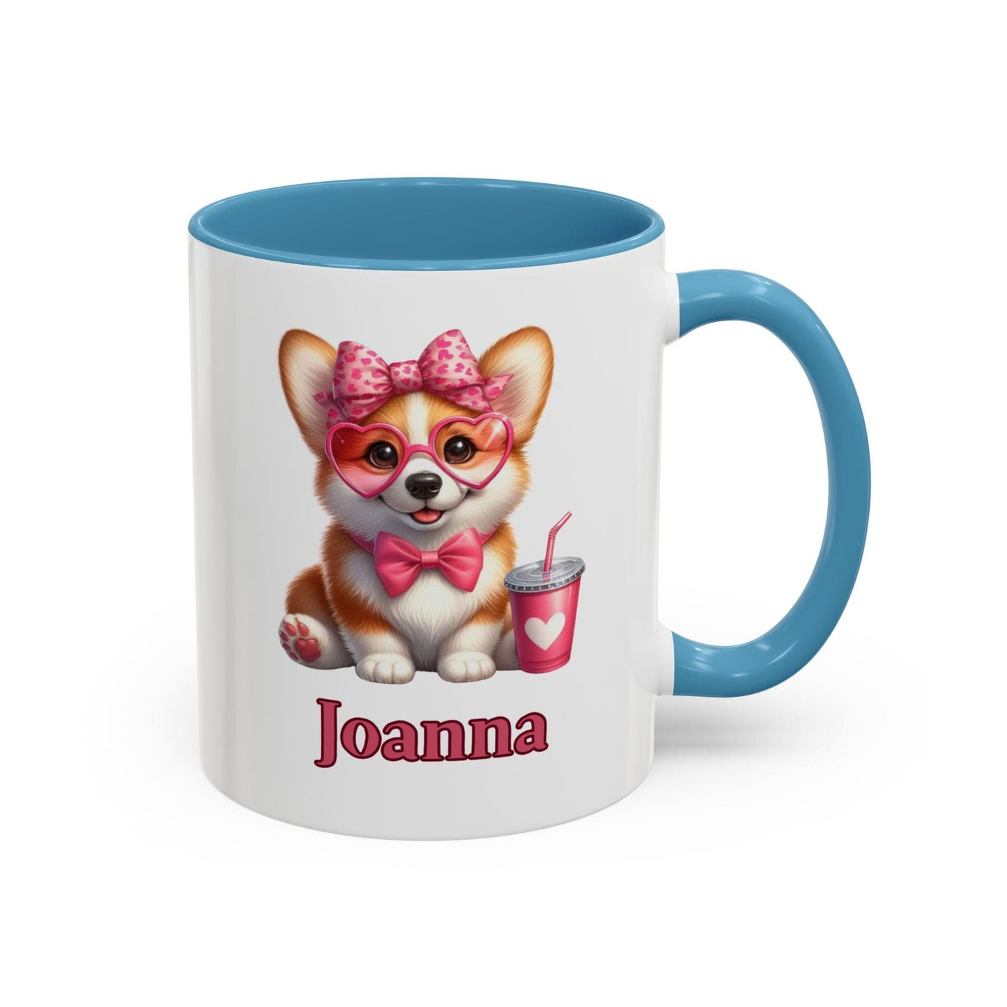 Printify Mug Sweet Heart Corgi Personalized Coffee Mug with Accent Color Black, Pink, Purple Light Blue Gift Mug Valentine's Day Birthday