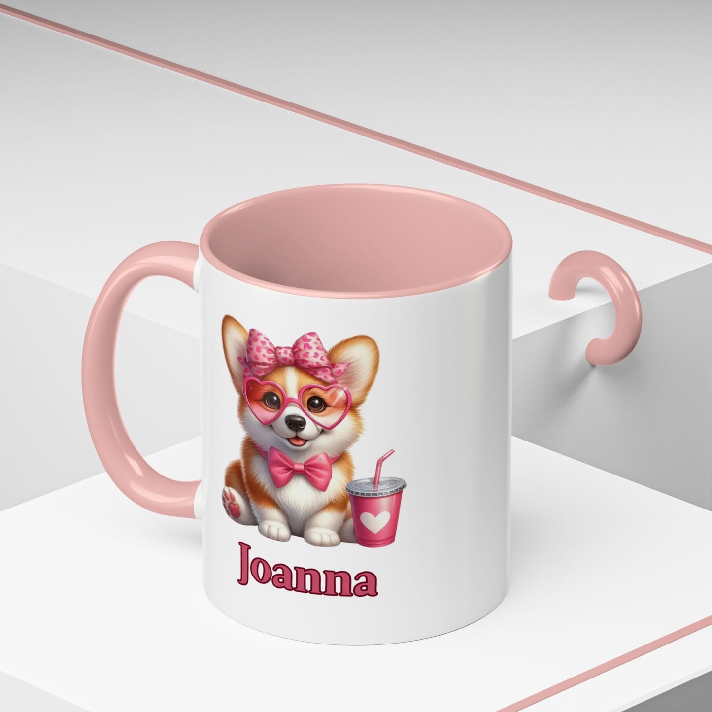 Printify Mug Sweet Heart Corgi Personalized Coffee Mug with Accent Color Black, Pink, Purple Light Blue Gift Mug Valentine's Day Birthday