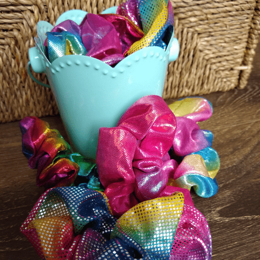 Sweet Little Duck Apparel & Accessories 4 Bright Metallic Rainbow Scrunchies in 4" Mint Bucket