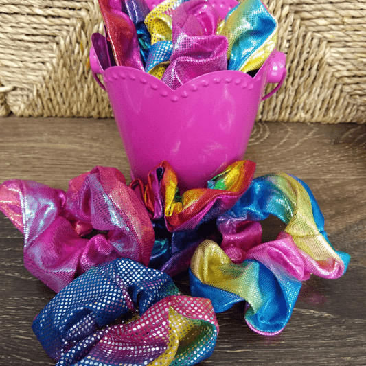 Sweet Little Duck Apparel & Accessories 4 Bright Metallic Rainbow Scrunchies in Fuchsia Bucket