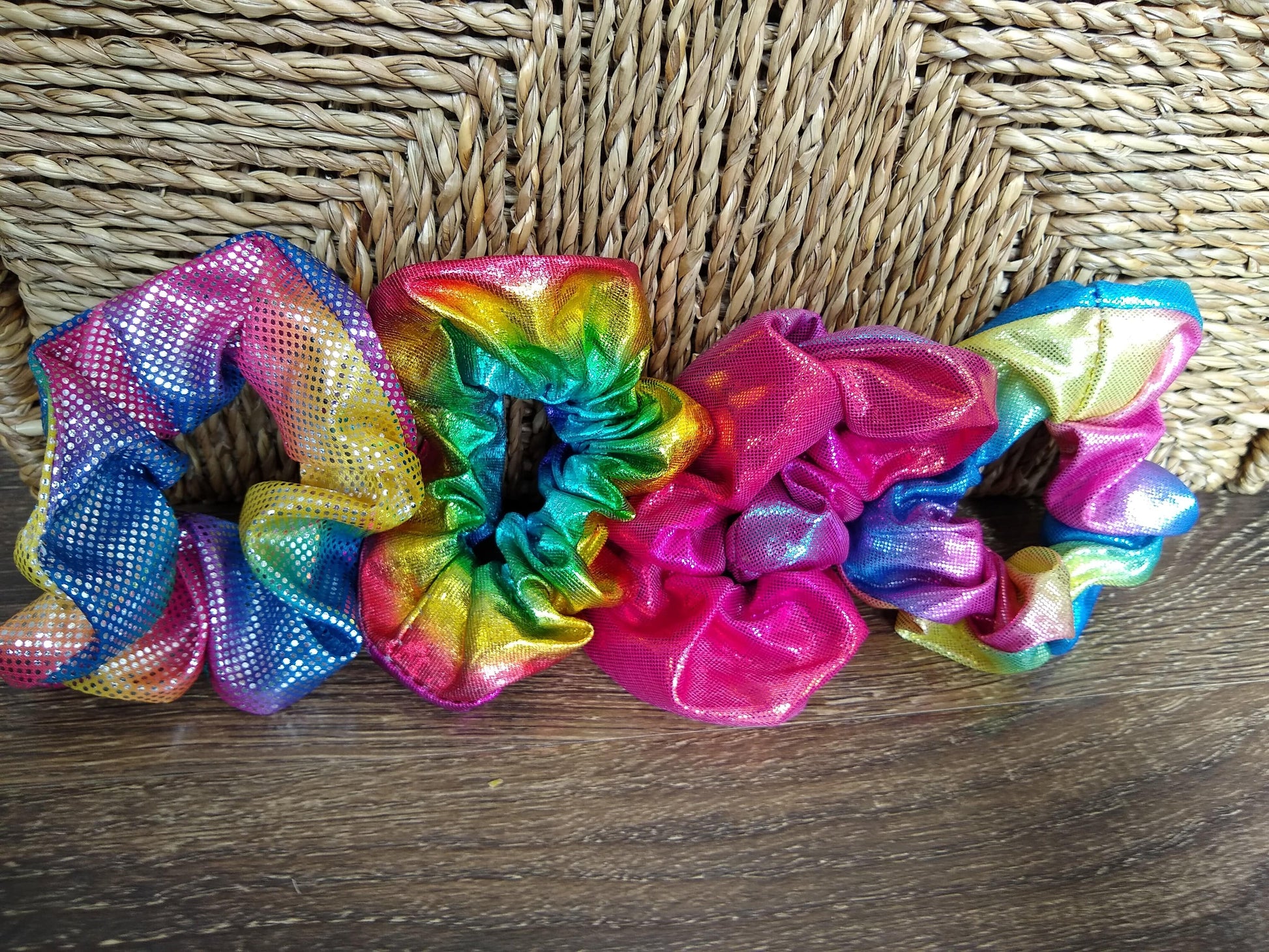 Sweet Little Duck Apparel & Accessories 4 Bright Metallic Rainbow Scrunchies in Fuchsia Bucket