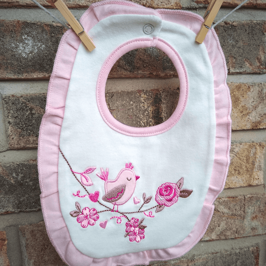 Sweet Little Duck Bib Pink Ruffle Embroidered Bird and Flower Snap Bib